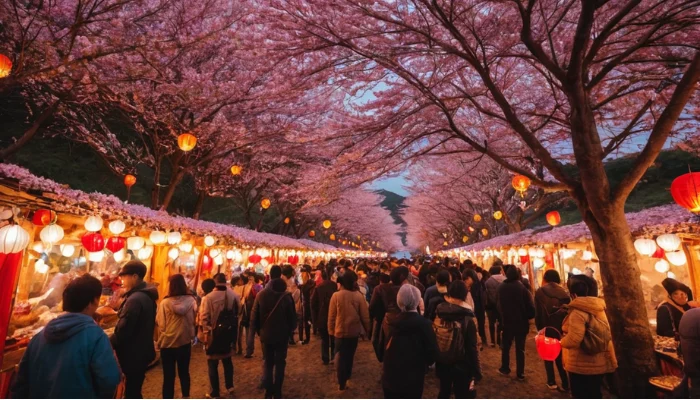 Cherry blossom street in Seogwipo decorated with lanterns and lights night view