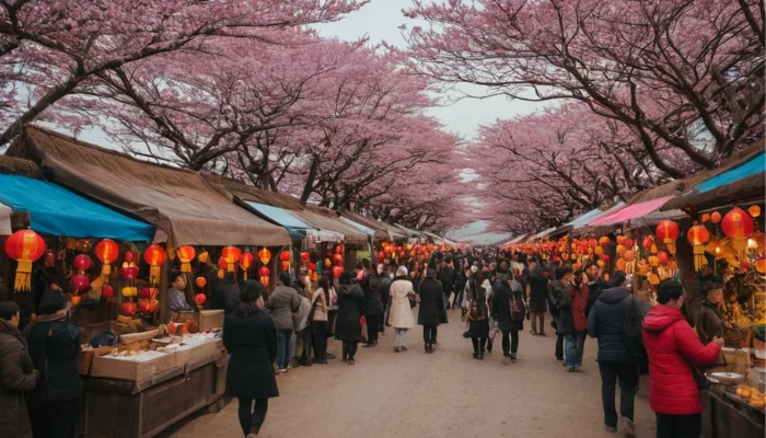 Cherry blossom street in Seogwipo decorated with lanterns and lights