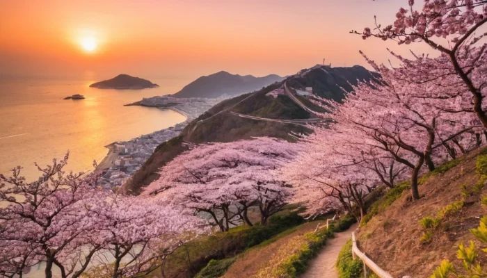 Cherry blossoms at Dalmaji Hill during sunset overlooking the ocean