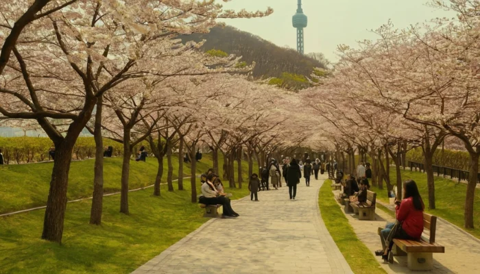 Cherry blossoms at Namsan Park with N Seoul Tower in the background 1