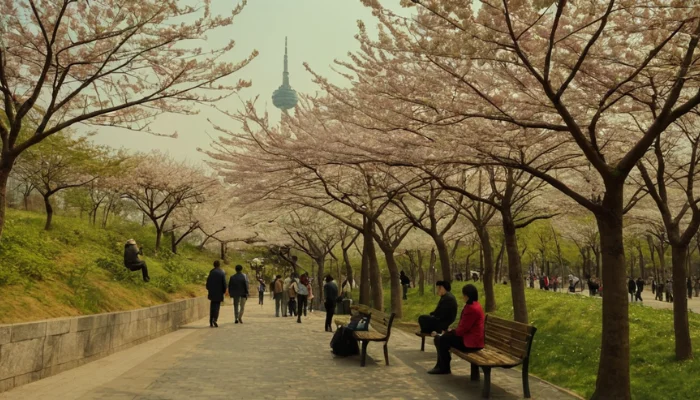 Cherry blossoms at Namsan Park with N Seoul Tower in the background