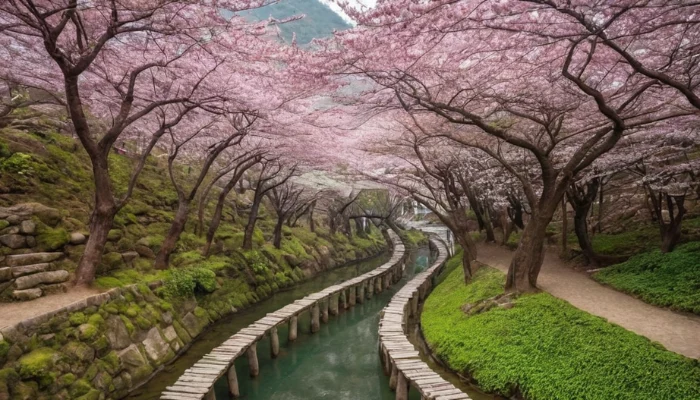 Cherry blossoms forming a tunnel over Yeojwacheon Streamvisitors crossing bridges