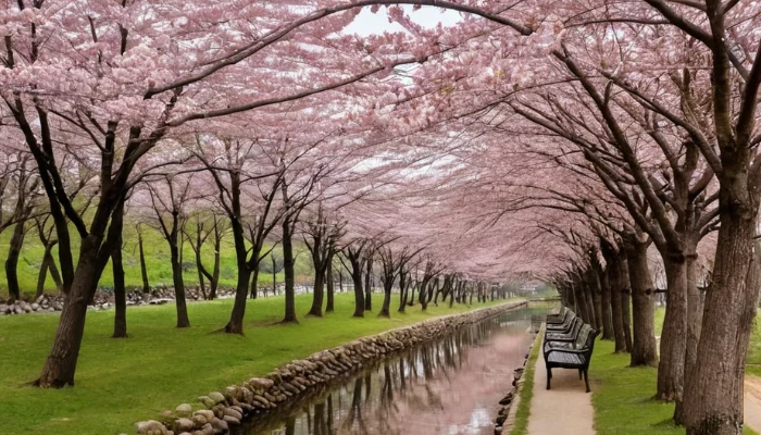 Cherry blossoms lining a stream at Oncheoncheon