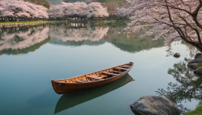 Cherry blossoms reflecting on Bomun Lake with a small boat floating peacefully under the trees