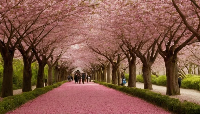 Pathway in Yeouido Park lined with cherry blossoms