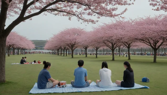 Picnic scene under cherry blossoms at Jeju Sports