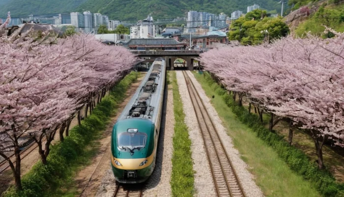 Railway track lined with cherry blossoms at Gyeonghwa Station