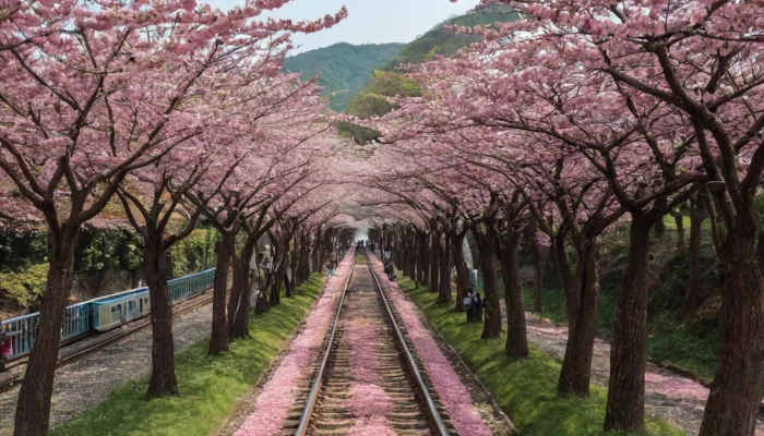 Railway track lined with visitors taking photos of the scenic view